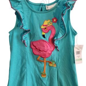 Emily Rose Girls Aqua Flamingo Applique Ruffle Sleeveless Top Size 8 New